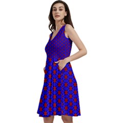 Blue Pattern Red Texture Sleeveless V-neck Skater Dress With Pockets