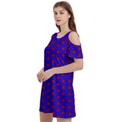 Blue Pattern Red Texture Women s Cold Shoulder Round Neck Mini Dress