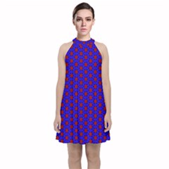 Blue Pattern Red Texture Velvet Halter Neckline Dress 