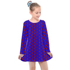 Blue Pattern Red Texture Kids  Long Sleeve Dress