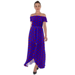 Blue Pattern Red Texture Off Shoulder Open Front Chiffon Dress