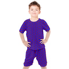 Blue Pattern Red Texture Kids  T-shirt And Shorts Set