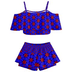 Blue Pattern Red Texture Kids  Off Shoulder Skirt Bikini