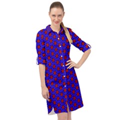 Blue Pattern Red Texture Long Sleeve Mini Shirt Dress