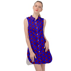 Blue Pattern Red Texture Sleeveless Shirt Dress