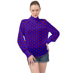 Blue Pattern Red Texture High Neck Long Sleeve Chiffon Top