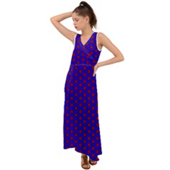 Blue Pattern Red Texture V-neck Chiffon Maxi Dress