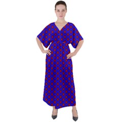 Blue Pattern Red Texture V-neck Boho Style Maxi Dress