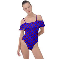 Blue Pattern Red Texture Frill Detail One Piece Swimsuit