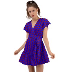 Blue Pattern Red Texture Flutter Sleeve Wrap Dress