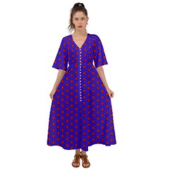 Blue Pattern Red Texture Kimono Sleeve Boho Dress