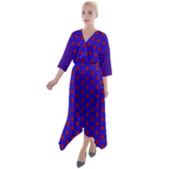 Blue Pattern Red Texture Quarter Sleeve Wrap Front Maxi Dress