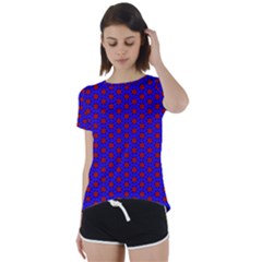 Blue Pattern Red Texture Short Sleeve Open Back T-shirt