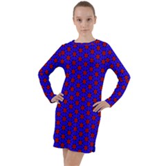 Blue Pattern Red Texture Long Sleeve Hoodie Dress