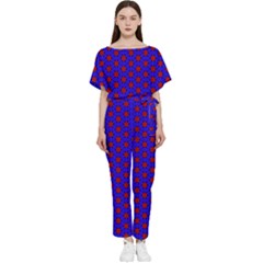 Blue Pattern Red Texture Batwing Lightweight Chiffon Jumpsuit