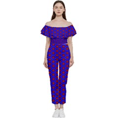 Blue Pattern Red Texture Bardot Ruffle Jumpsuit