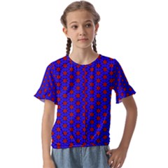 Blue Pattern Red Texture Kids  Cuff Sleeve Scrunch Bottom T-shirt