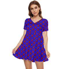 Blue Pattern Red Texture Tiered Short Sleeve Babydoll Dress