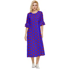 Blue Pattern Red Texture Double Cuff Midi Dress