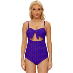 Blue Pattern Red Texture Knot Front One-piece Swimsuit