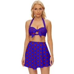 Blue Pattern Red Texture Vintage Style Bikini Top And Skirt Set 