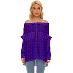 Blue Pattern Red Texture Off Shoulder Chiffon Pocket Shirt