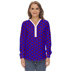 Blue Pattern Red Texture Zip Up Long Sleeve Blouse