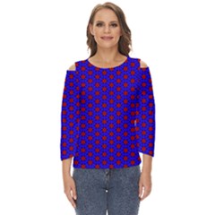 Blue Pattern Red Texture Cut Out Wide Sleeve Top