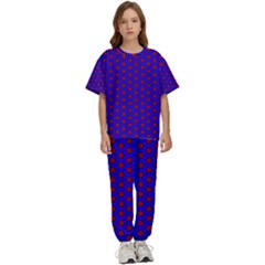 Blue Pattern Red Texture Kids  T-shirt And Pants Sports Set