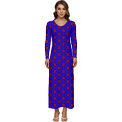 Blue Pattern Red Texture Long Sleeve Longline Maxi Dress