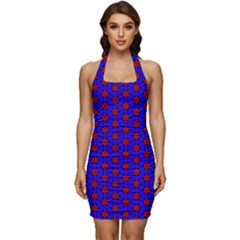 Blue Pattern Red Texture Sleeveless Wide Square Neckline Ruched Bodycon Dress