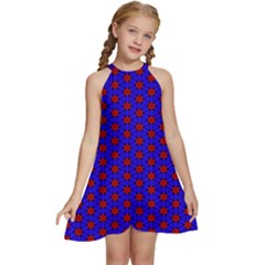 Blue Pattern Red Texture Kids  Halter Collar Waist Tie Chiffon Dress