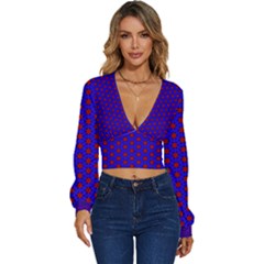 Blue Pattern Red Texture Long Sleeve Deep-v Velour Top