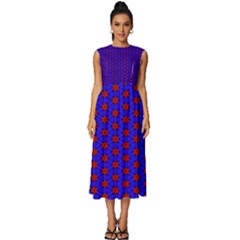 Blue Pattern Red Texture Sleeveless Round Neck Midi Dress