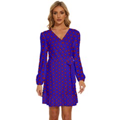 Blue Pattern Red Texture Long Sleeve Waist Tie Ruffle Velvet Dress