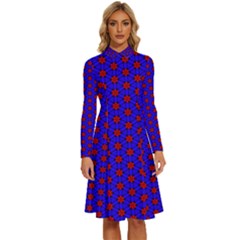 Blue Pattern Red Texture Long Sleeve Shirt Collar A-line Dress