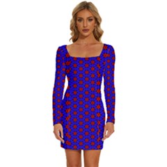 Blue Pattern Red Texture Long Sleeve Square Neck Bodycon Velvet Dress