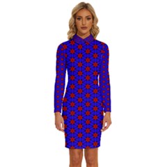 Blue Pattern Red Texture Long Sleeve Shirt Collar Bodycon Dress