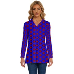 Blue Pattern Red Texture Long Sleeve Drawstring Hooded Top