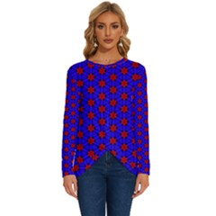 Blue Pattern Red Texture Long Sleeve Crew Neck Pullover Top