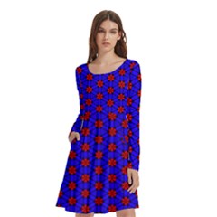 Blue Pattern Red Texture Long Sleeve Knee Length Skater Dress With Pockets