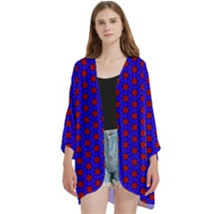 Blue Pattern Red Texture Open Front 3/4 Sleeve Batwing Chiffon Cardigan Kimono