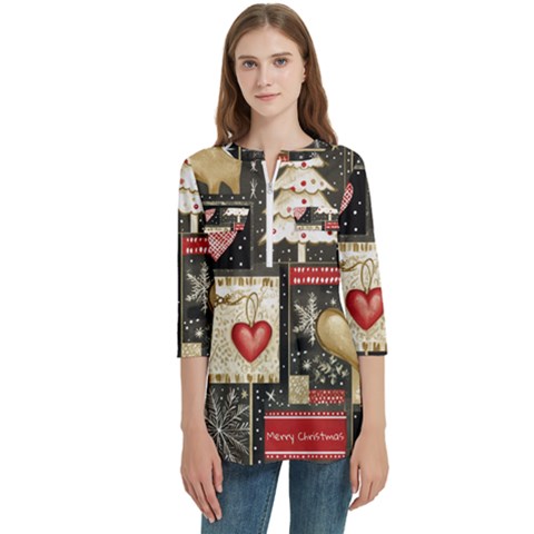 Christmas Reindeer Women s Zip Front V-neck 3/4 Sleeve Casual Top Pocket Shirt by Posterlux