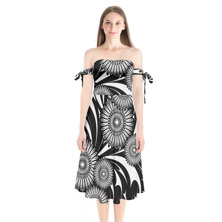 Modern Flowers Vector Seamless Pattern Shoulder Tie Bardot Midi Dress