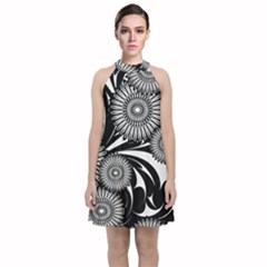 Modern Flowers Vector Seamless Pattern Velvet Halter Neckline Dress 