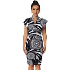 Modern Flowers Vector Seamless Pattern Vintage Frill Sleeve V-neck Bodycon Dress