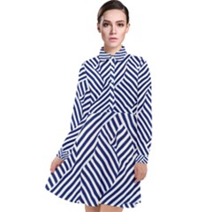 Blue And White Abstract Stripes Long Sleeve Chiffon Shirt Dress