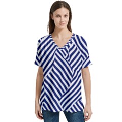 Blue And White Abstract Stripes V-neck Split Shoulder Casual T-shirt