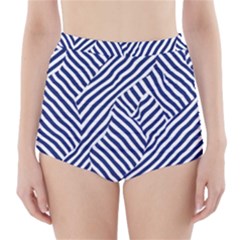 Blue And White Abstract Stripes High-waisted Bikini Bottoms