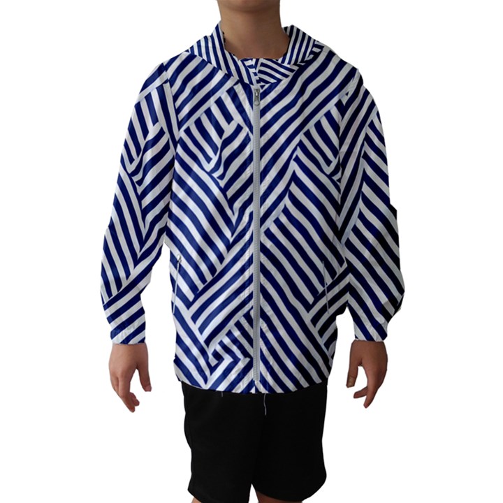 Blue and White Abstract Stripes Kids  Hooded Windbreaker